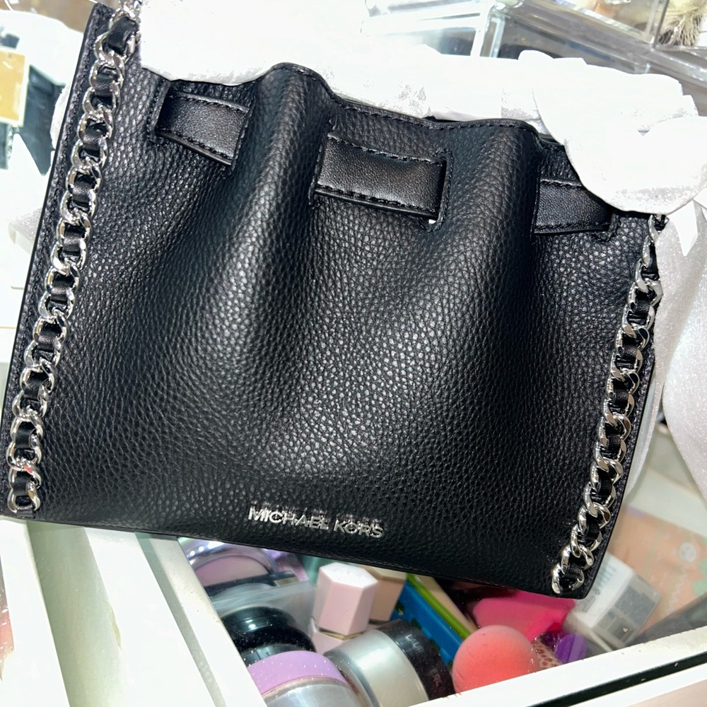 Black Textured Leather Shoulder Bag with Chain Strap